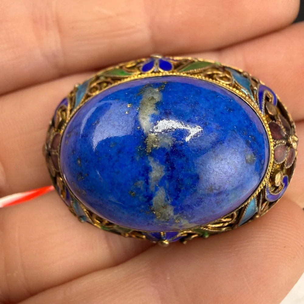 Vintage Chinese Export Enamel Filigree Brooch Blue Sterling Silver 925
